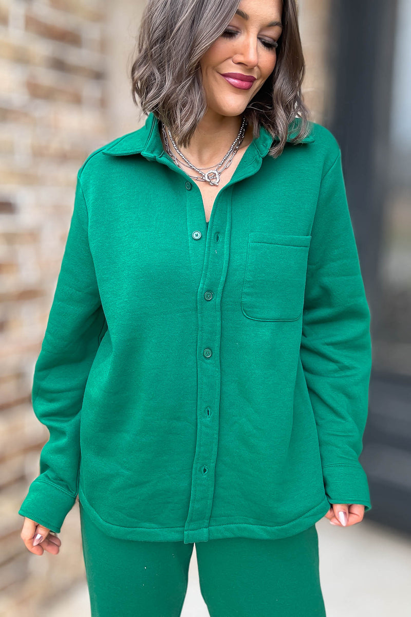 Button Up Green Fleece Shirt Jacket