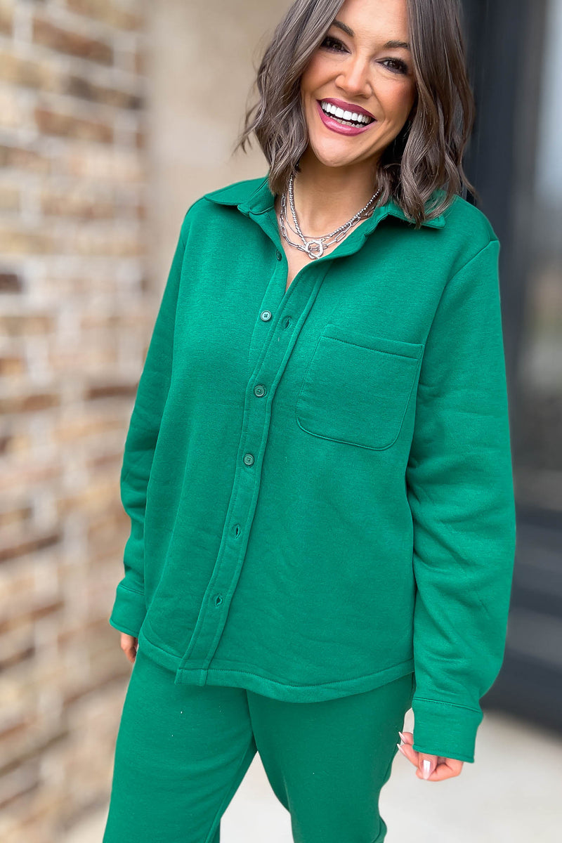 Button Up Green Fleece Shirt Jacket