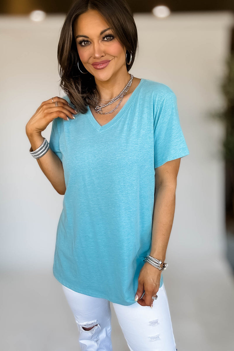 Just Relax Boyfriend Heather Light Teal V-Neck Tee