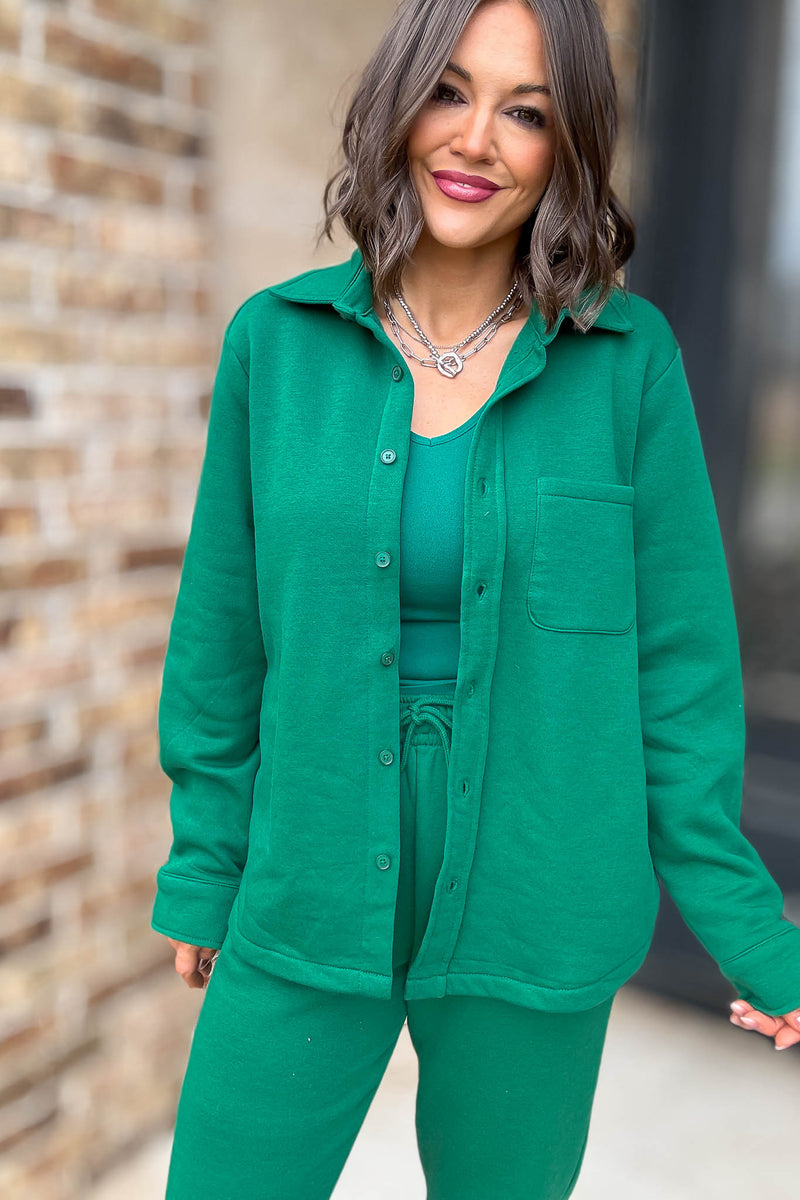 Button Up Green Fleece Shirt Jacket