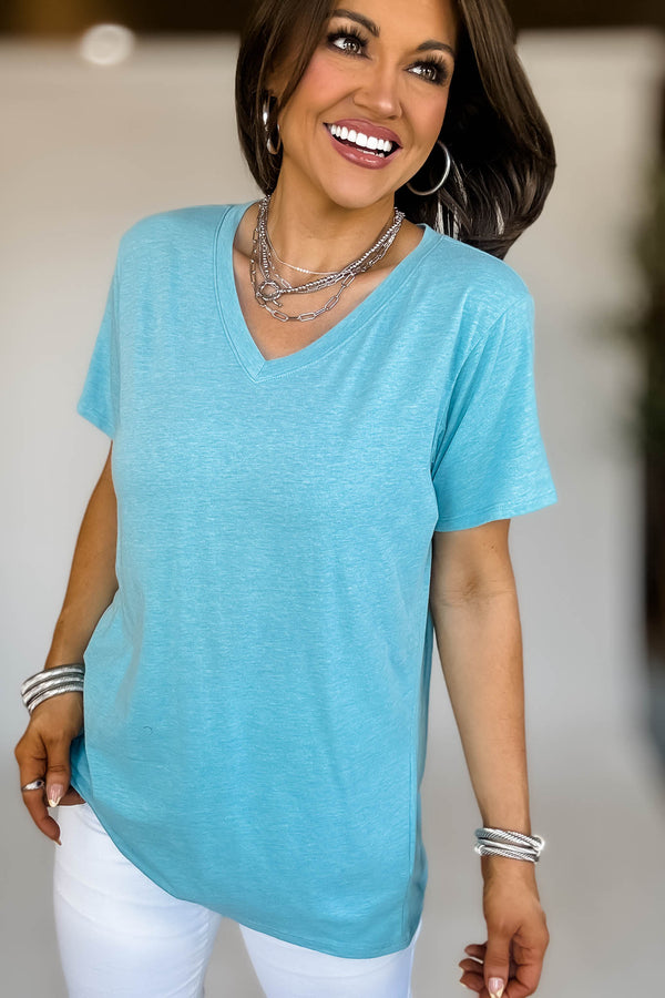 Just Relax Boyfriend Heather Light Teal V-Neck Tee