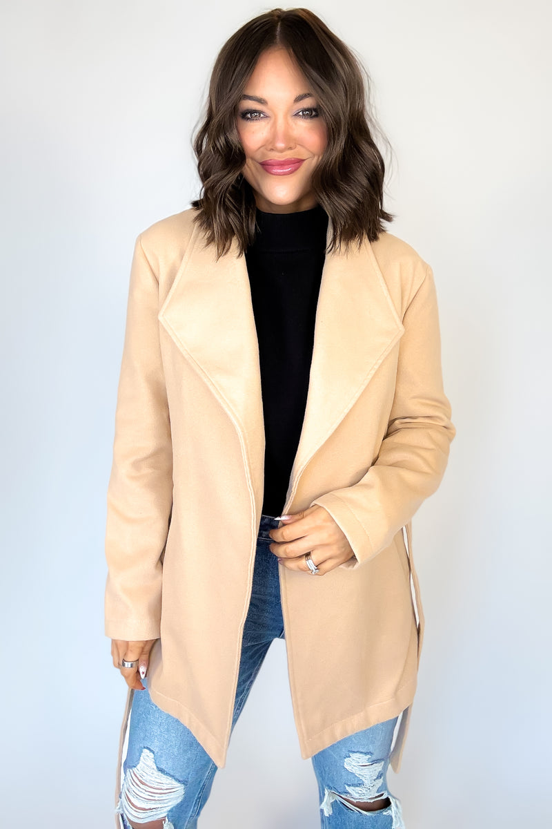 Khaki Shawl Collar Front Tie Coat
