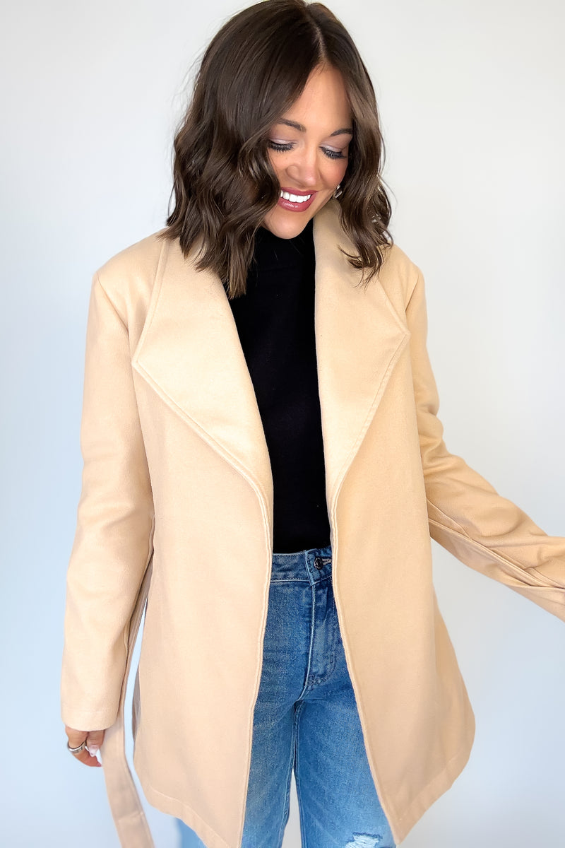 Khaki Shawl Collar Front Tie Coat