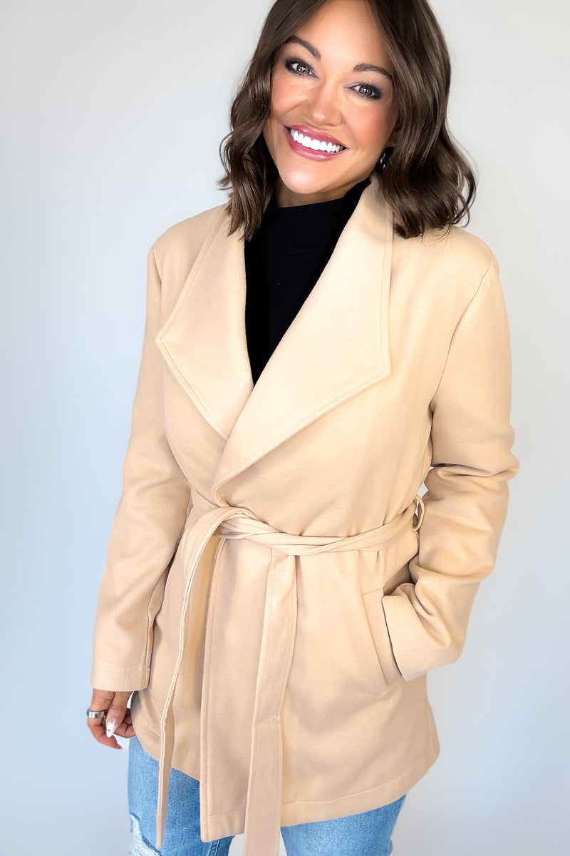 Khaki Shawl Collar Front Tie Coat