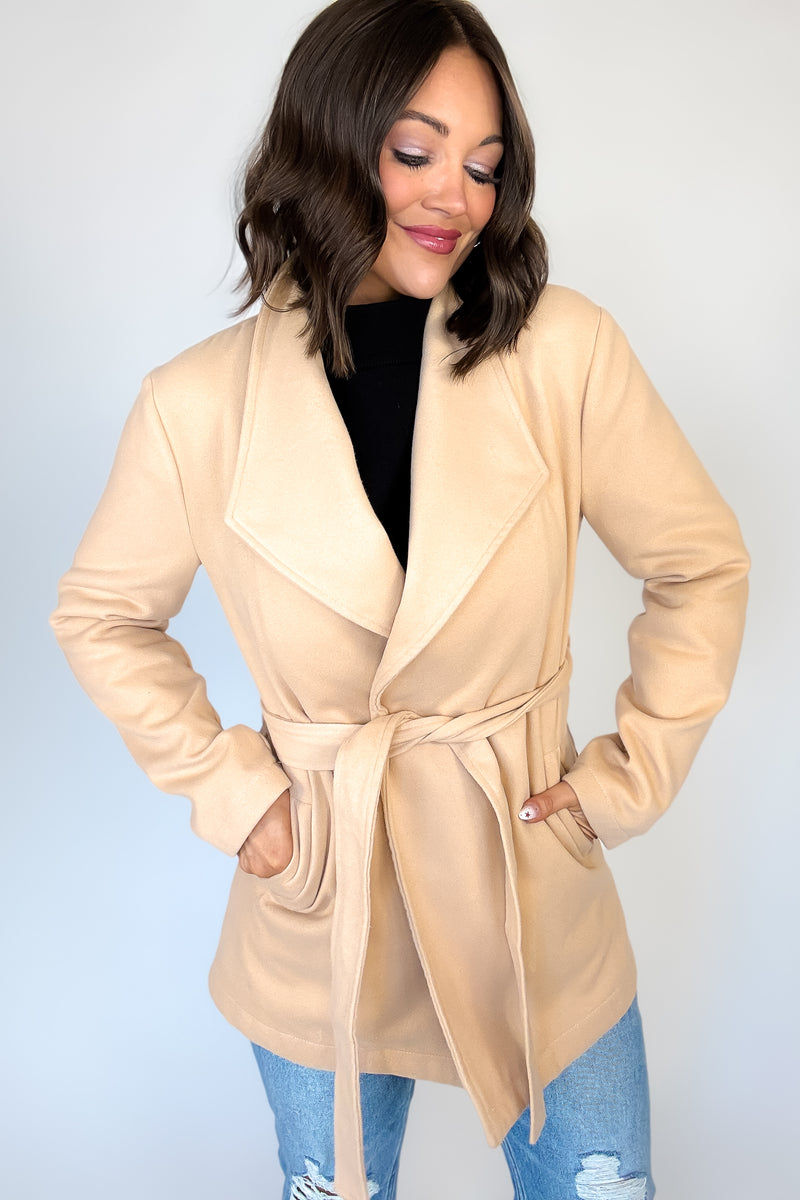 Khaki Shawl Collar Front Tie Coat