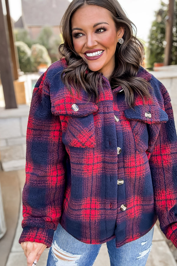 Our Big Adventure Red And Navy Fleece Shacket