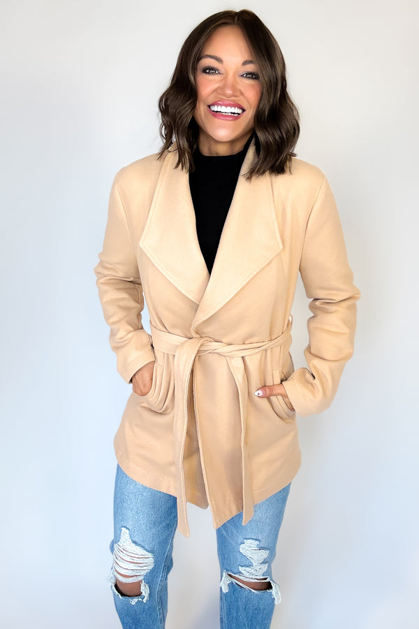 Khaki Shawl Collar Front Tie Coat