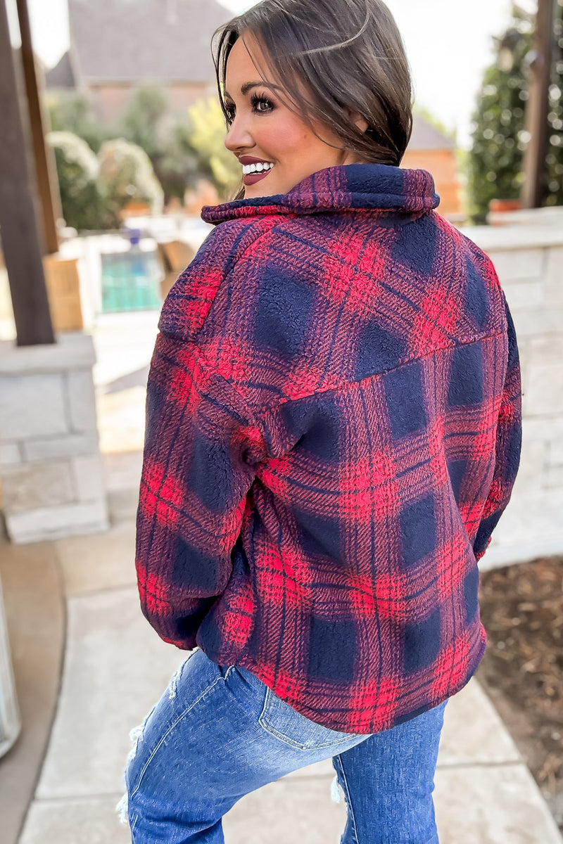 Our Big Adventure Red And Navy Fleece Shacket