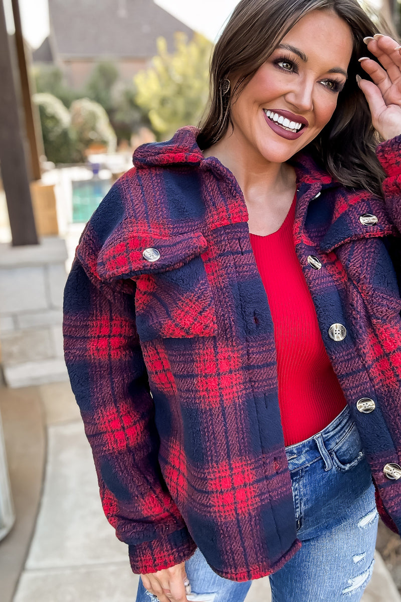Our Big Adventure Red And Navy Fleece Shacket