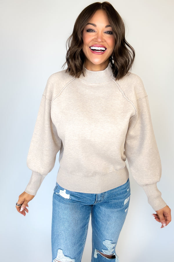 Viscose Heather Beige Mock Neck Exposed Seam Sweater