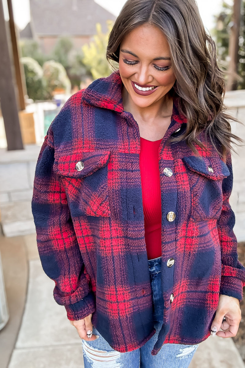 Our Big Adventure Red And Navy Fleece Shacket