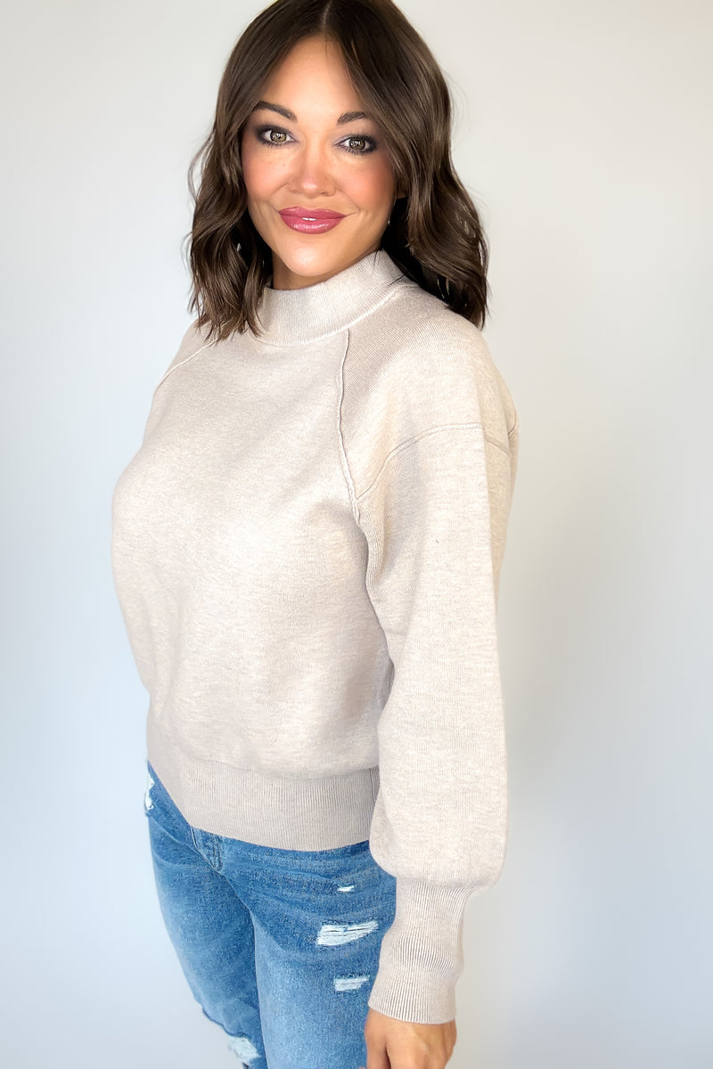 Viscose Heather Beige Mock Neck Exposed Seam Sweater