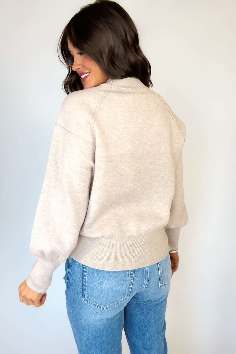 Viscose Heather Beige Mock Neck Exposed Seam Sweater