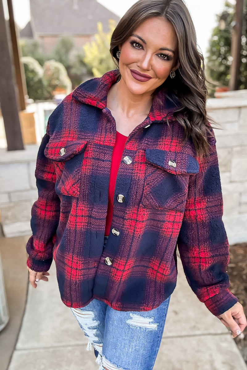 Our Big Adventure Red And Navy Fleece Shacket