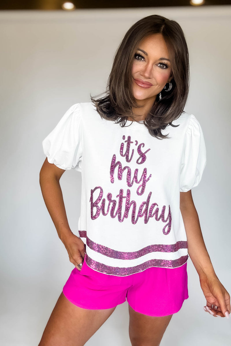 It's My Birthday White Short Puff Sleeve Sequins Graphic Top