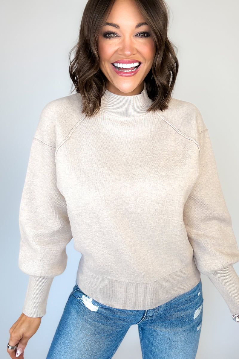 Viscose Heather Beige Mock Neck Exposed Seam Sweater