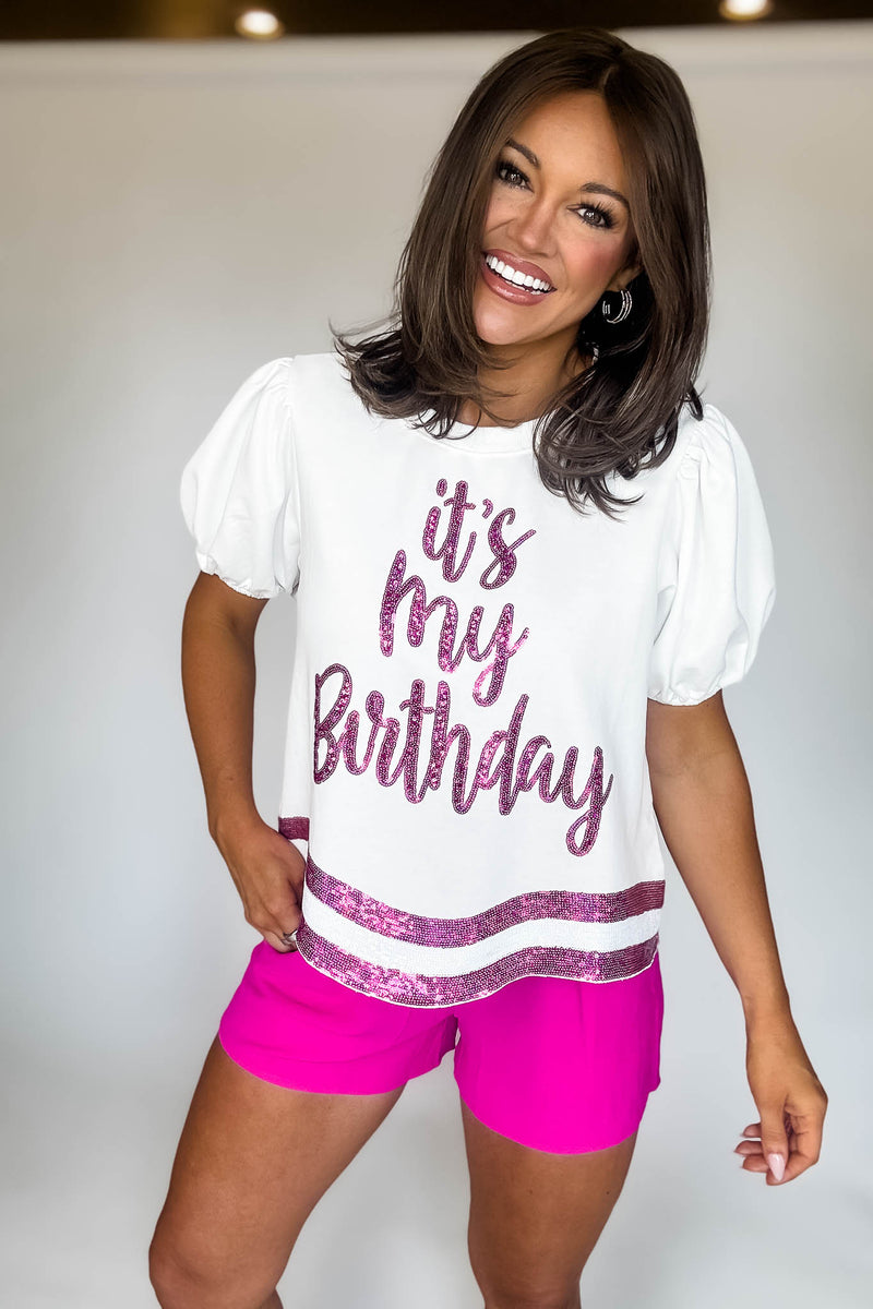 It's My Birthday White Short Puff Sleeve Sequins Graphic Top