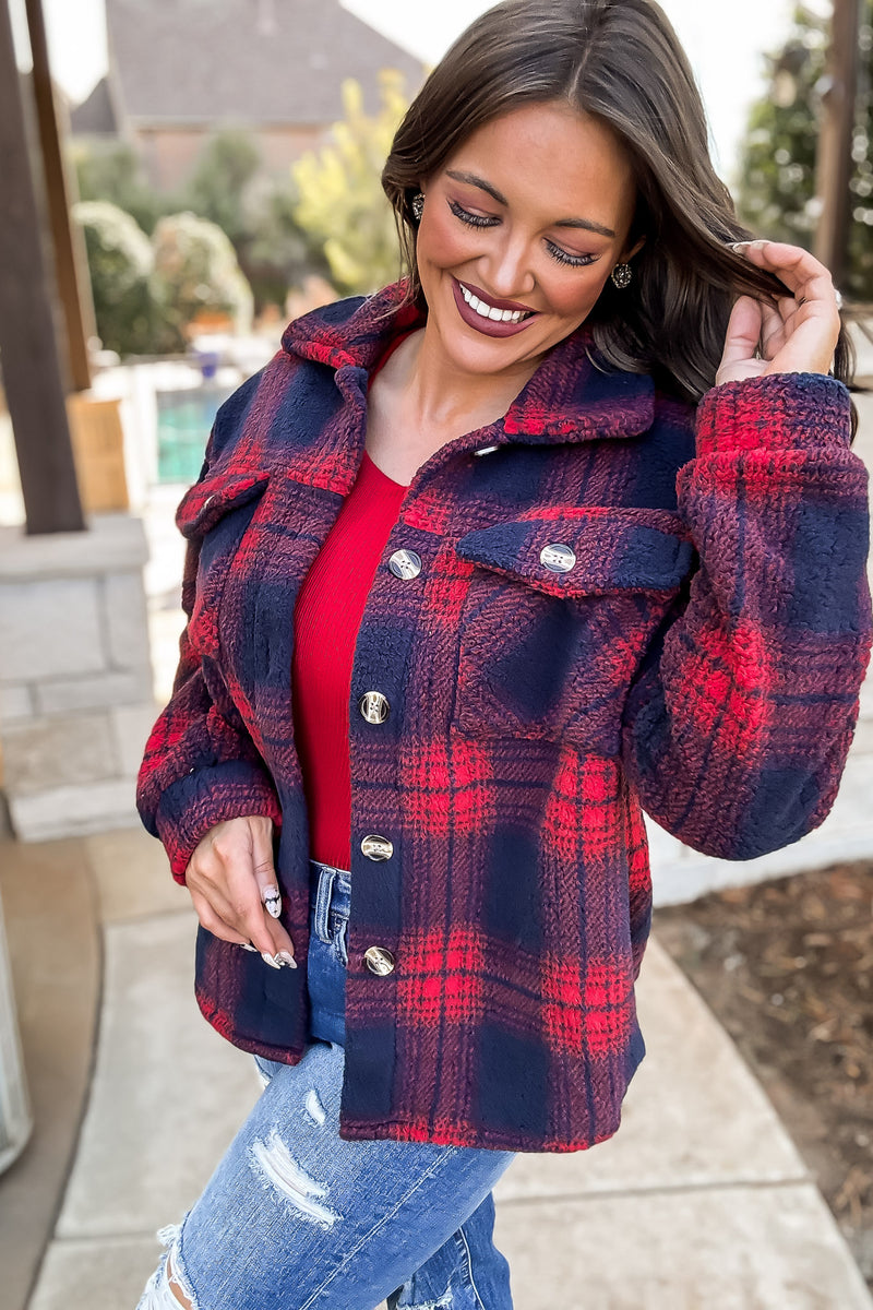 Our Big Adventure Red And Navy Fleece Shacket