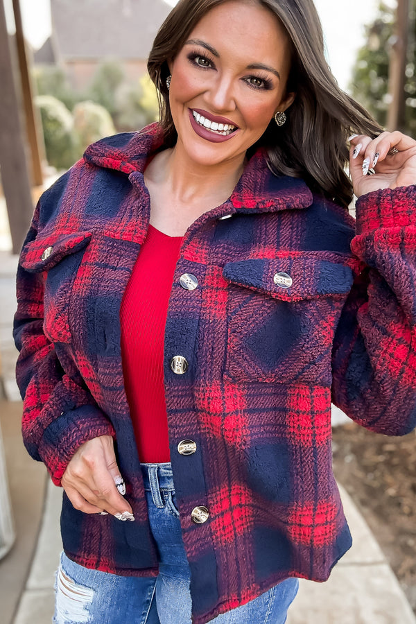 Our Big Adventure Red And Navy Fleece Shacket