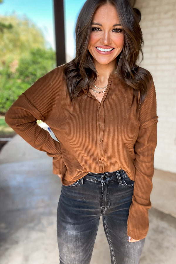 Toffee Ribbed Chill Lounge Pullover with Notched Neckline