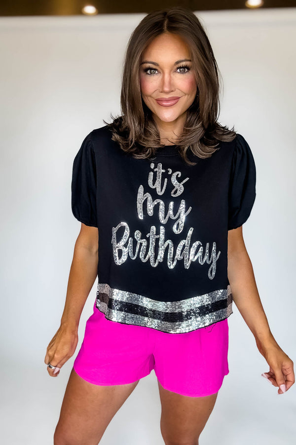 It's My Birthday Black Short Puff Sleeve Sequins Graphic Top