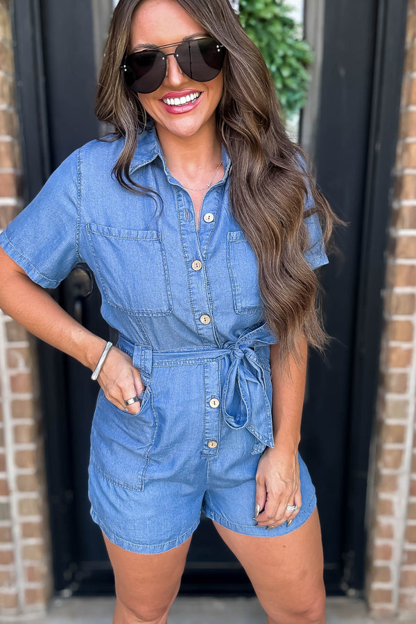 Woven Medium Denim Tencel Romper with Waist Tie