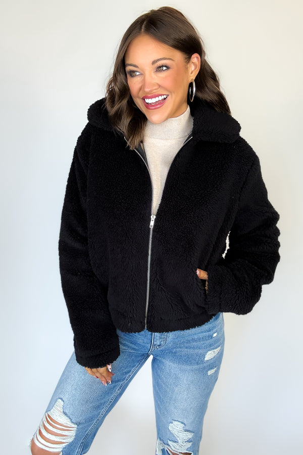 Black Fleece Zip-up Short Jacket
