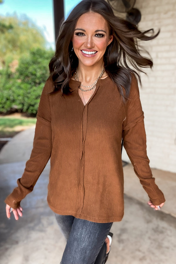 Toffee Ribbed Chill Lounge Pullover with Notched Neckline