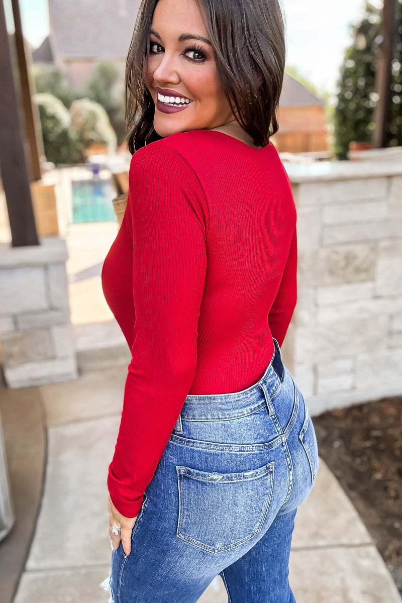 Traveling Red Ribbed Double Layer Longsleeve Bodysuit