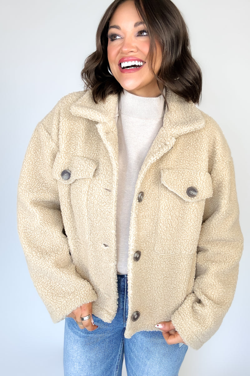 Taupe Fleece Buttoned Flap Pocket Shacket