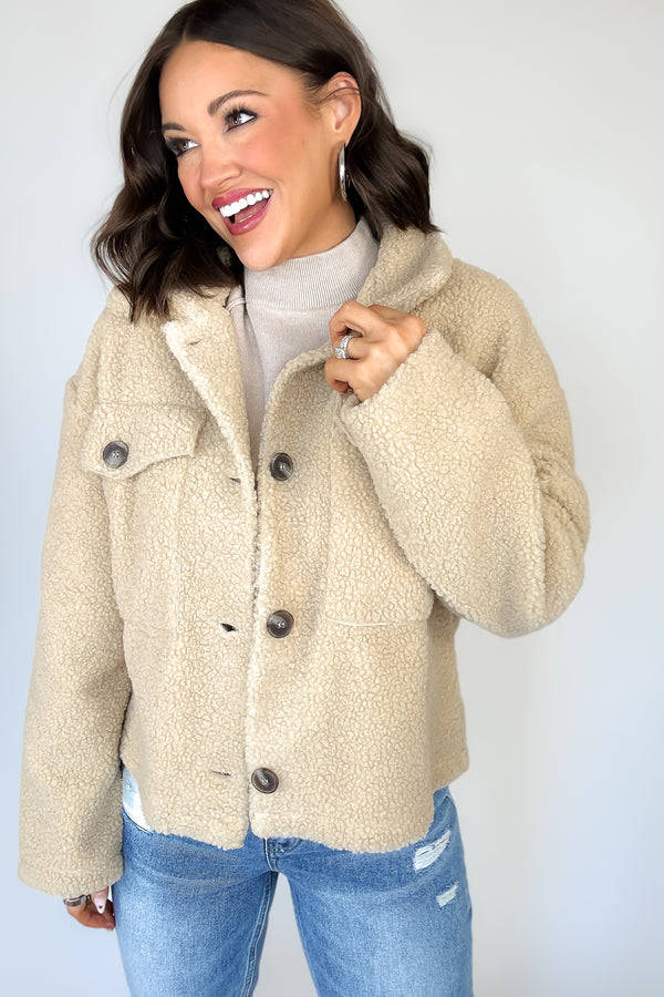 Taupe Fleece Buttoned Flap Pocket Shacket