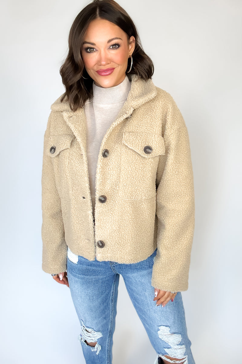 Taupe Fleece Buttoned Flap Pocket Shacket