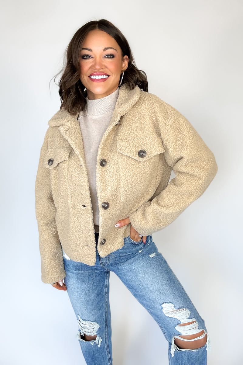 Taupe Fleece Buttoned Flap Pocket Shacket