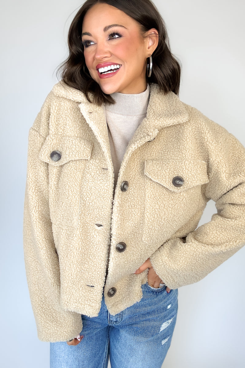 Taupe Fleece Buttoned Flap Pocket Shacket