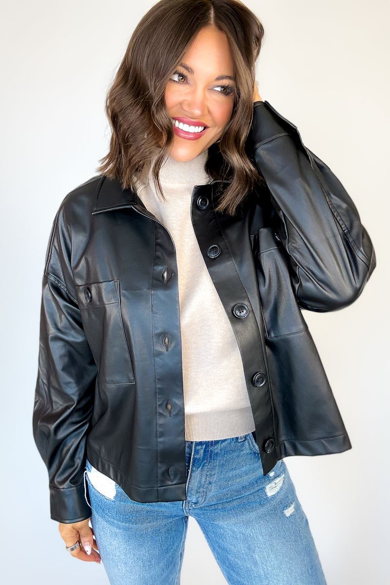 Black Pleather Buttoned Shirt Pocket Shacket