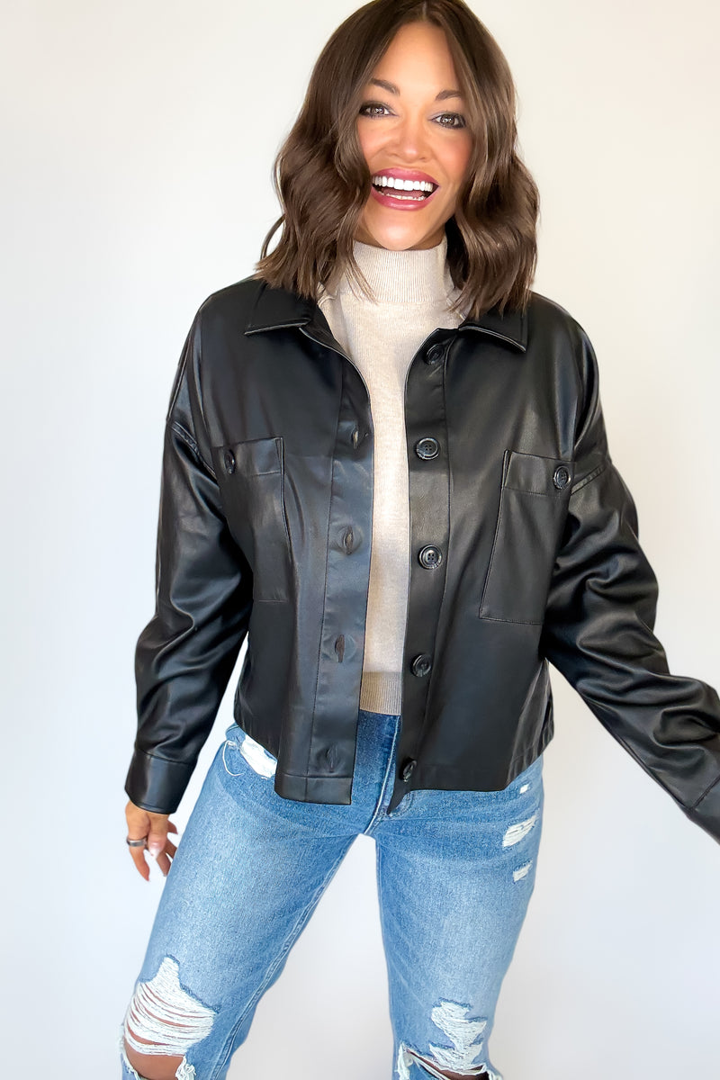 Black Pleather Buttoned Shirt Pocket Shacket