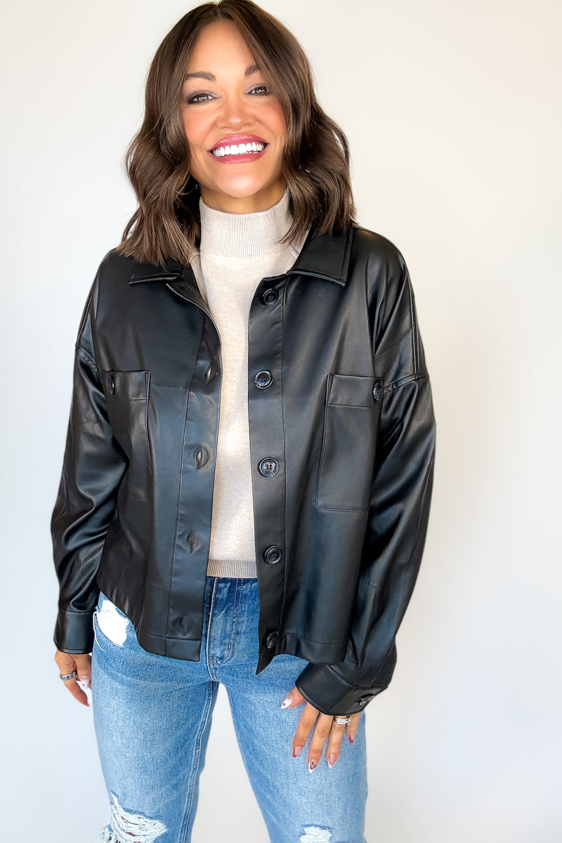 Black Pleather Buttoned Shirt Pocket Shacket