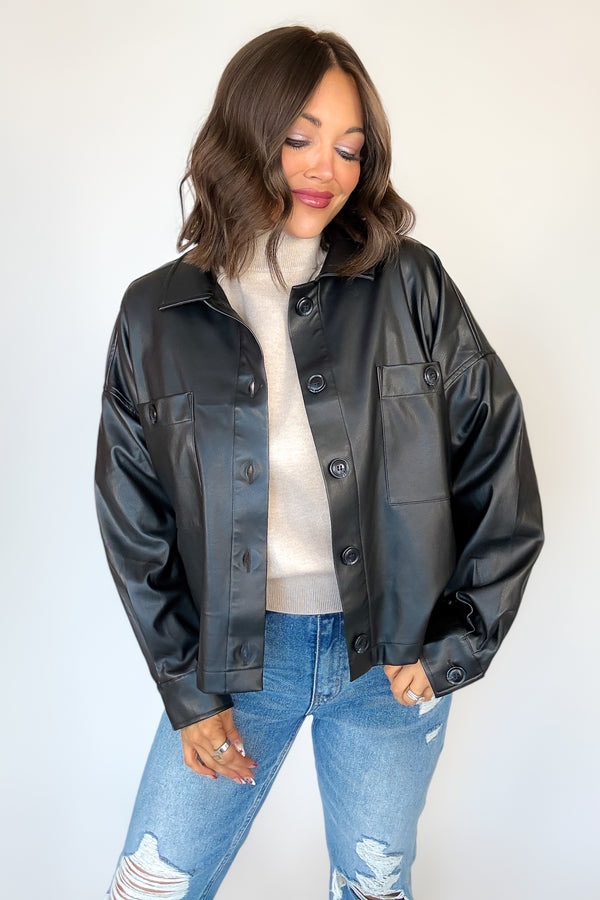Black Pleather Buttoned Shirt Pocket Shacket