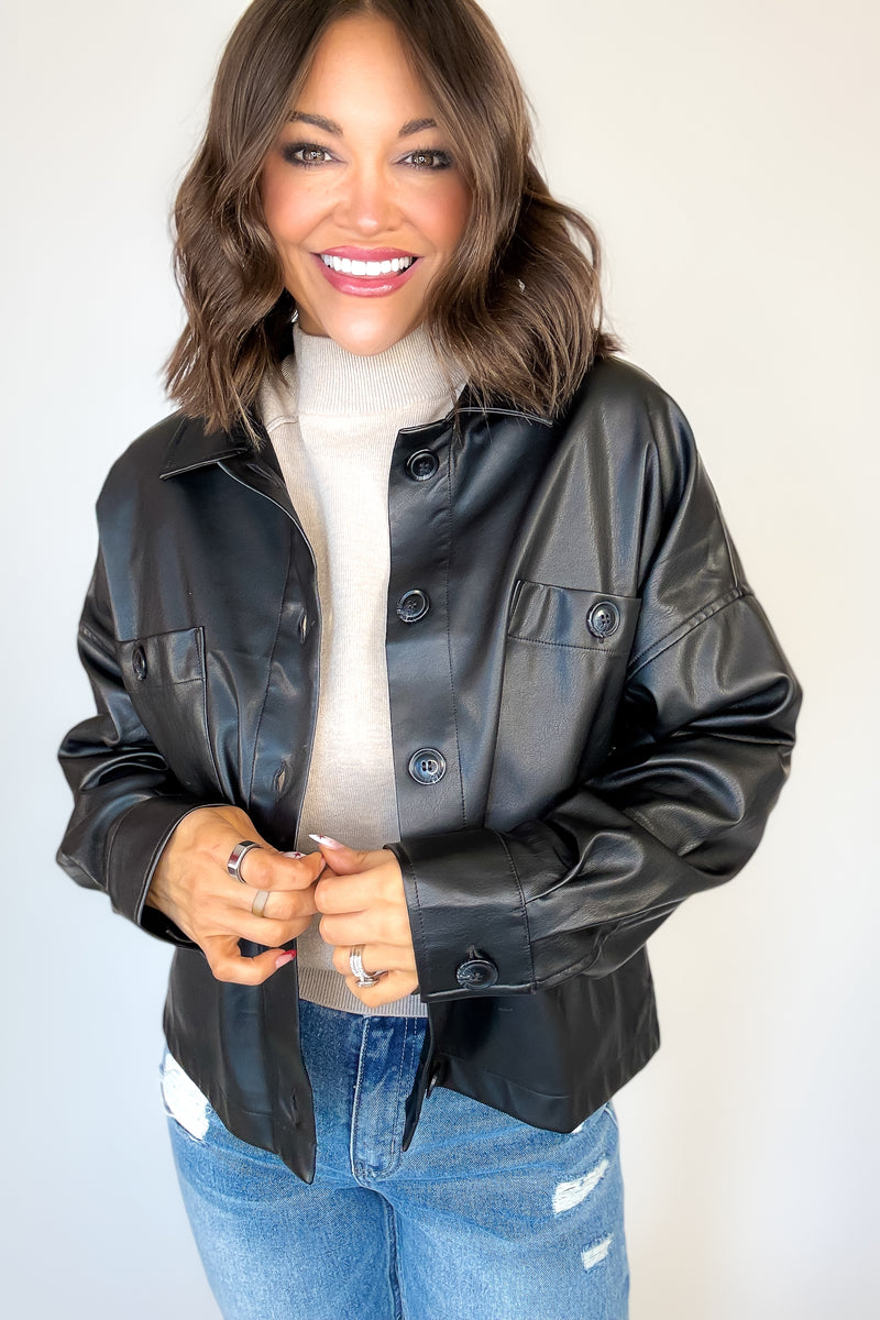 Black Pleather Buttoned Shirt Pocket Shacket