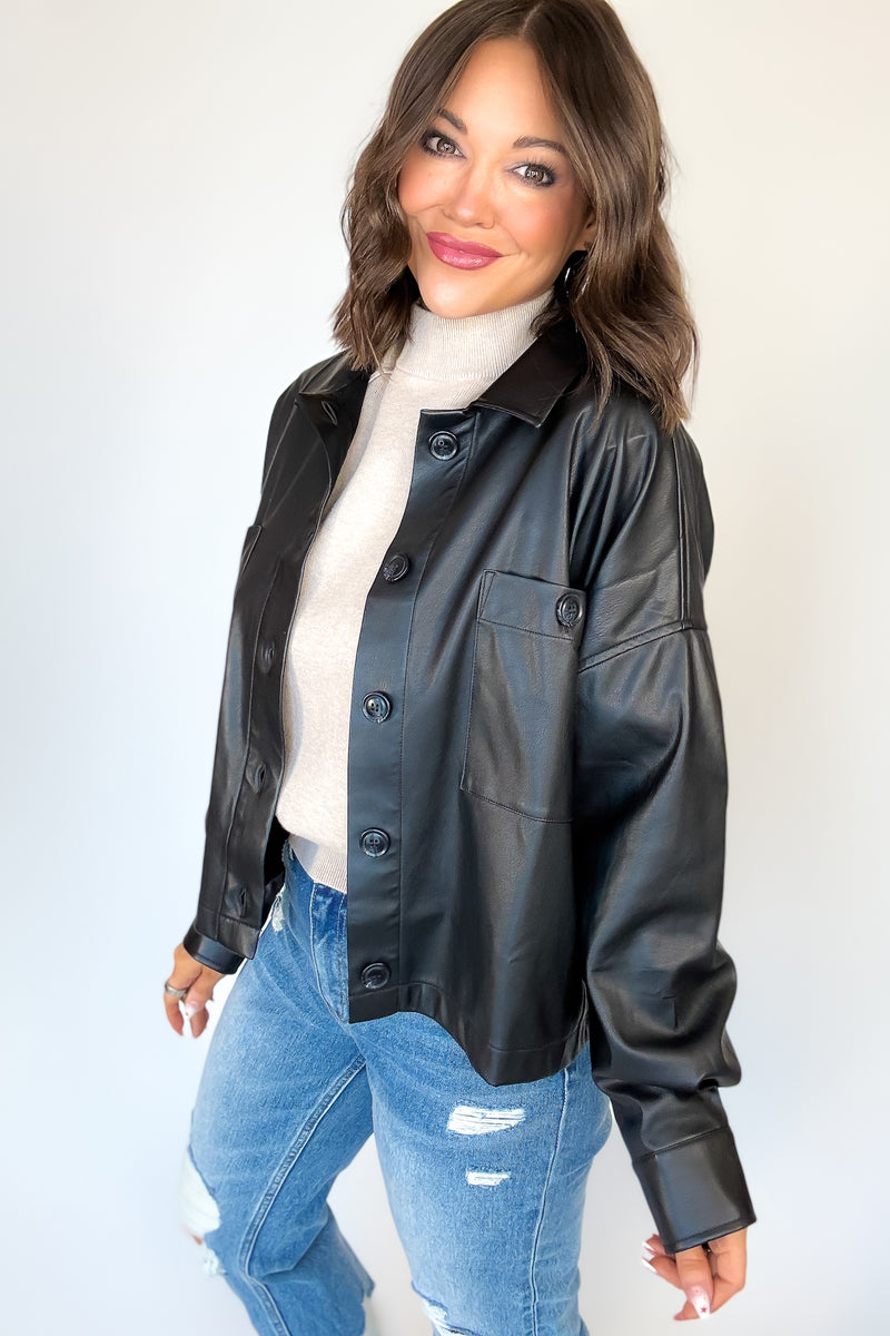 Black Pleather Buttoned Shirt Pocket Shacket