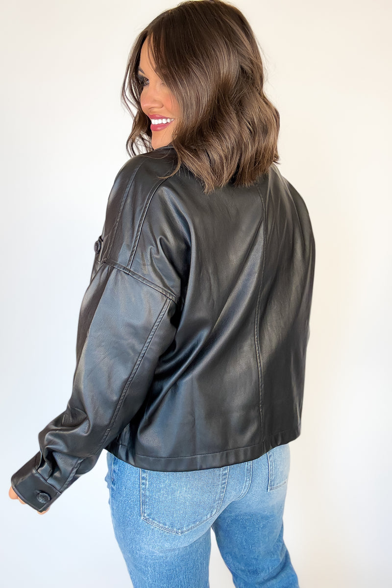 Black Pleather Buttoned Shirt Pocket Shacket