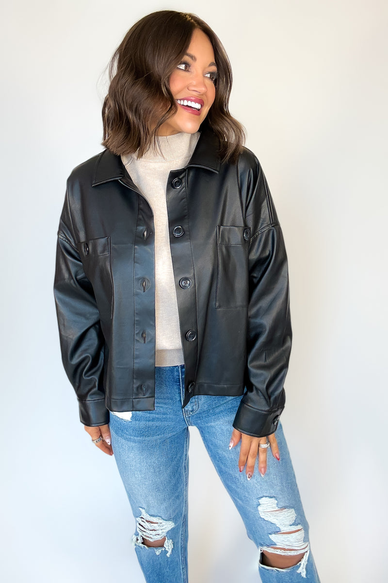 Black Pleather Buttoned Shirt Pocket Shacket