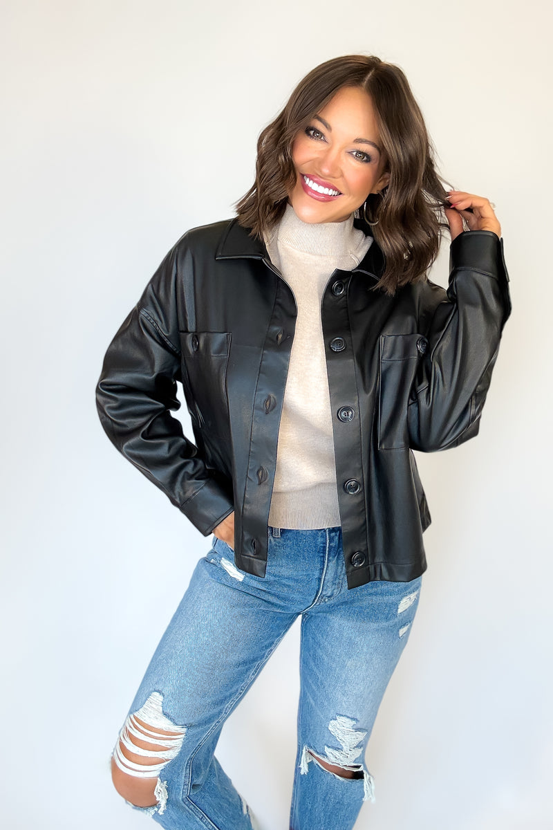 Black Pleather Buttoned Shirt Pocket Shacket