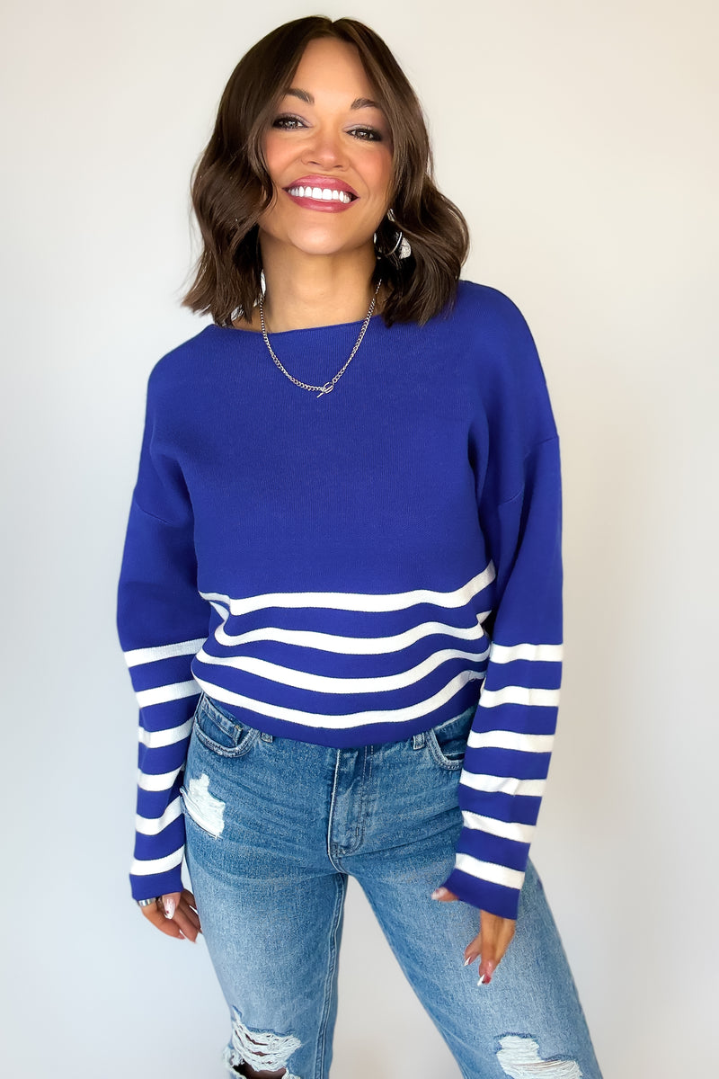 Viscose Navy and Ivory Striped Cropped Sweater