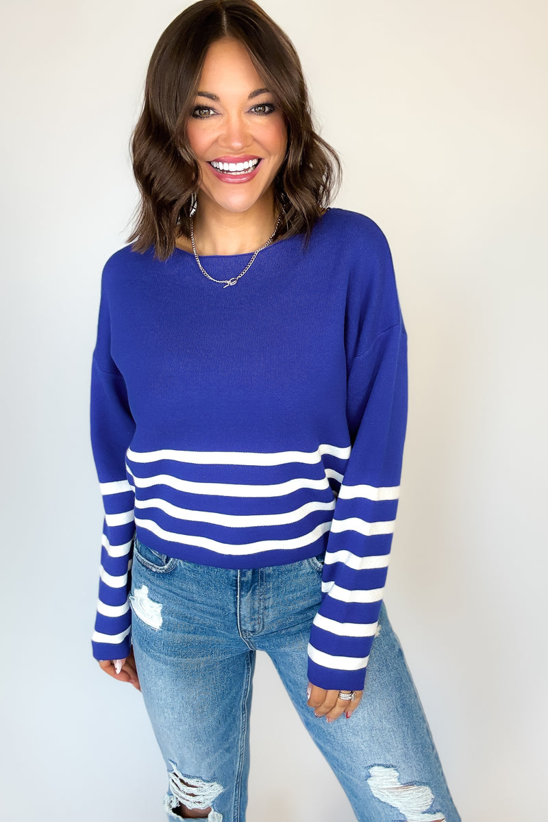 Viscose Navy and Ivory Striped Cropped Sweater