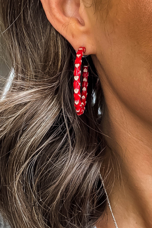 Heart Red and Light Pink Patterned Hoop Earrings
