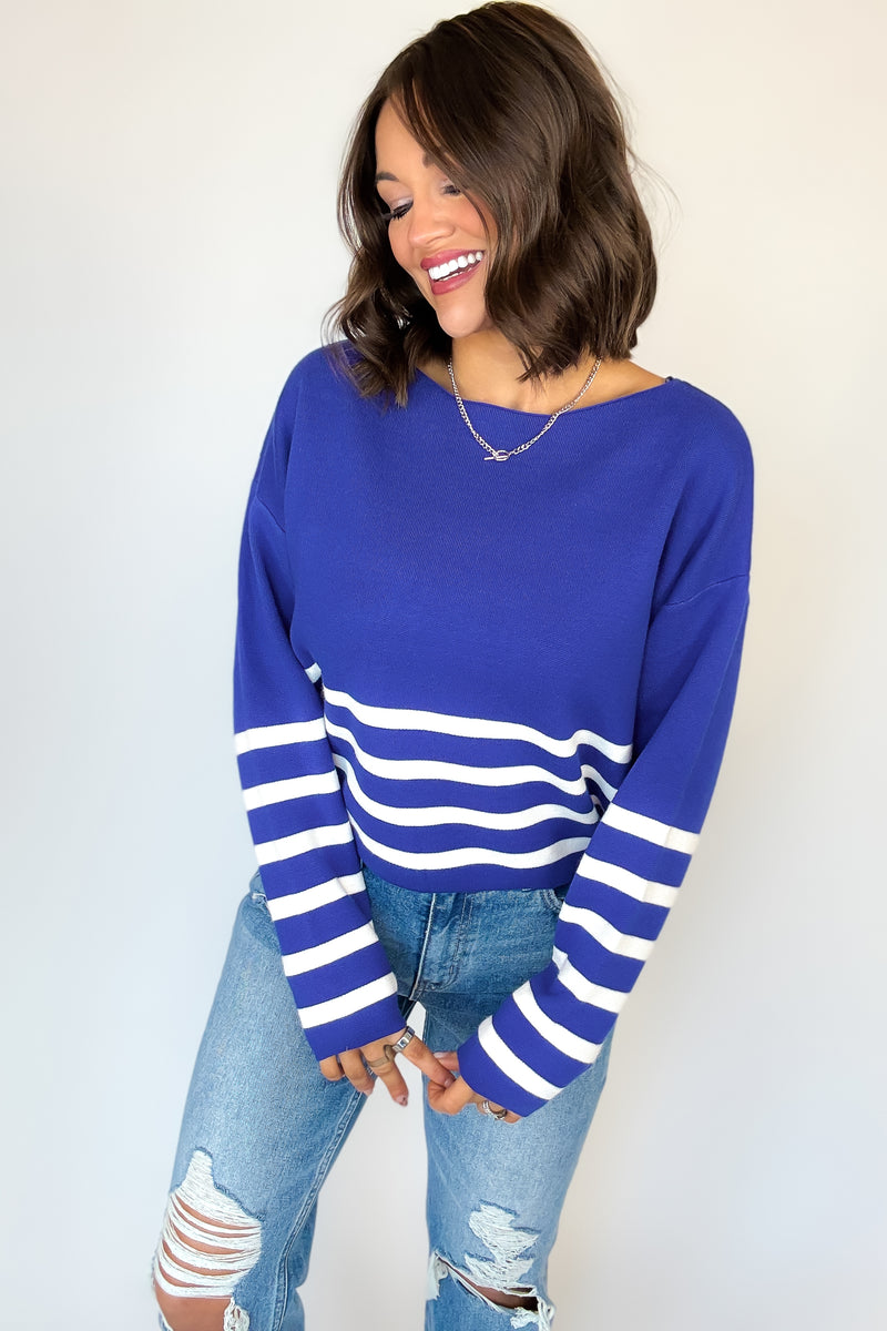 Viscose Navy and Ivory Striped Cropped Sweater