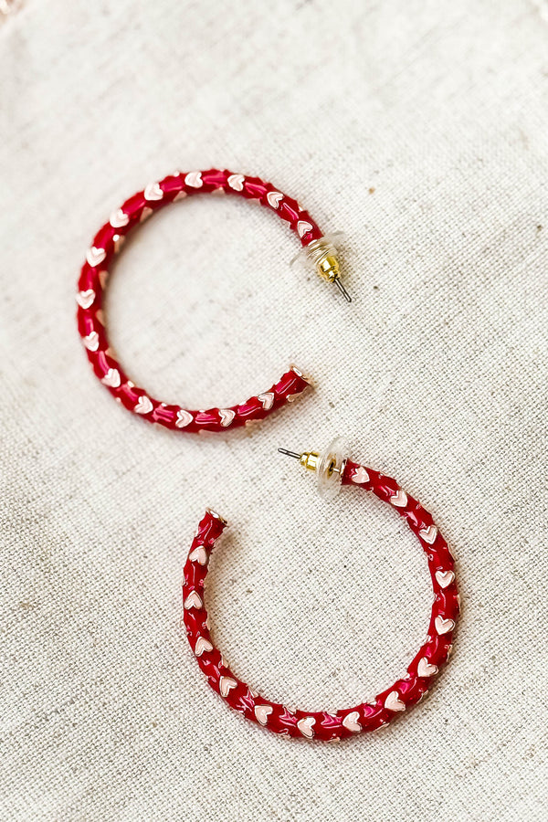 Heart Red and Light Pink Patterned Hoop Earrings