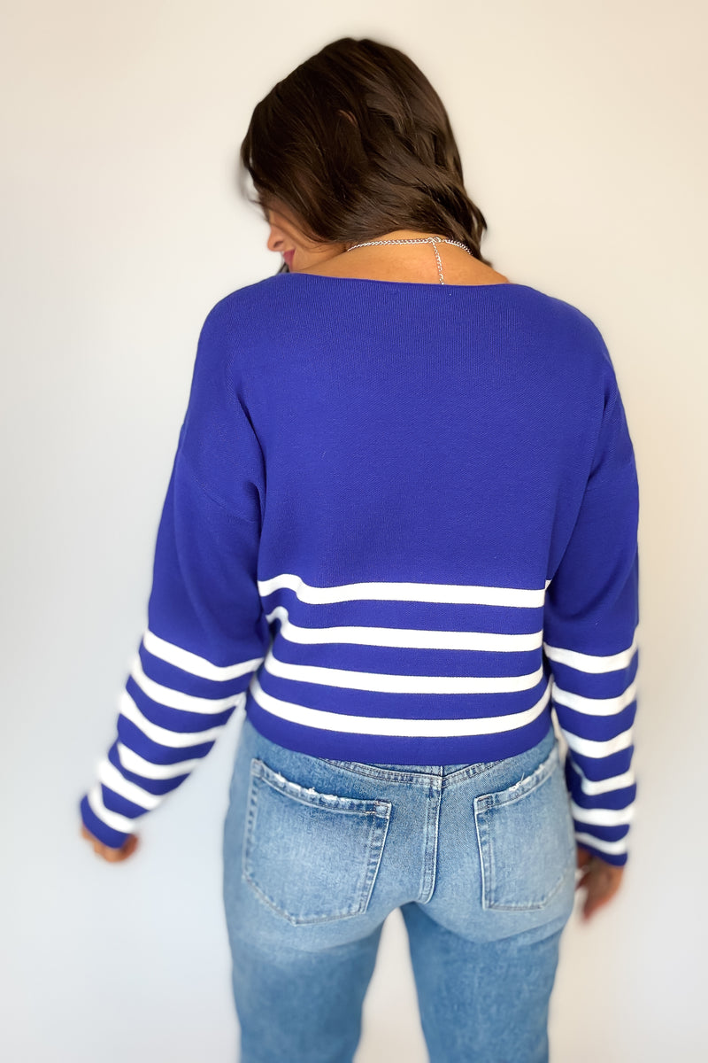 Viscose Navy and Ivory Striped Cropped Sweater