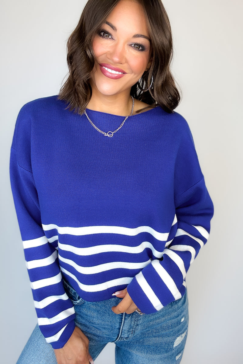 Viscose Navy and Ivory Striped Cropped Sweater